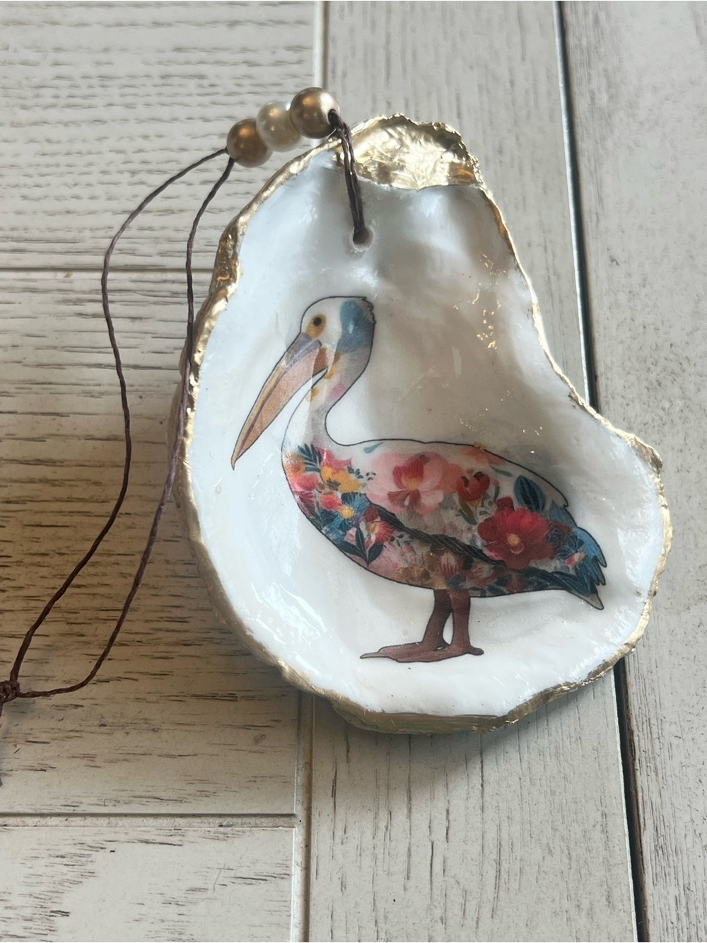 Hand-Painted Pelican Decorative Oyster Shell Dish with Gold Trim